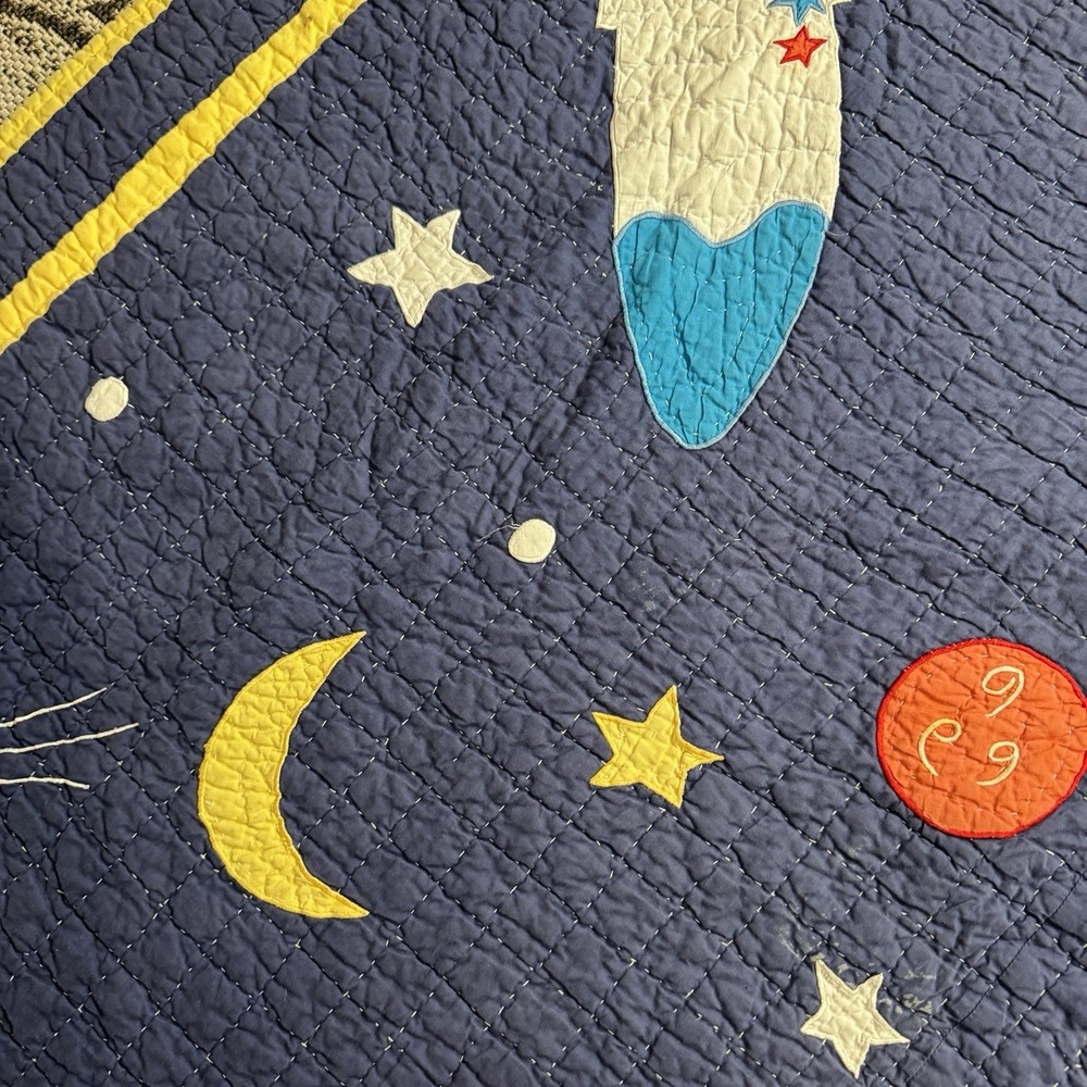 Vintage Space Quilt Twin Size 82x61.5 Rocket Planet Solar System Kids Blanket - Picture 7 of 16